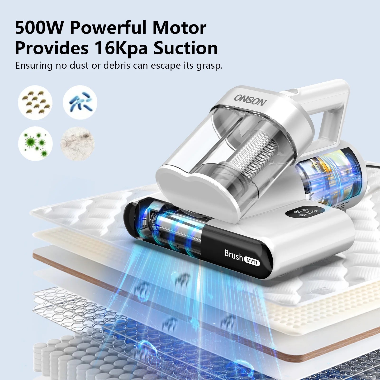 16Kpa Handheld Mattress Vacuum Cleaner, UV Light for Deep Cleaning Beds & Sofas