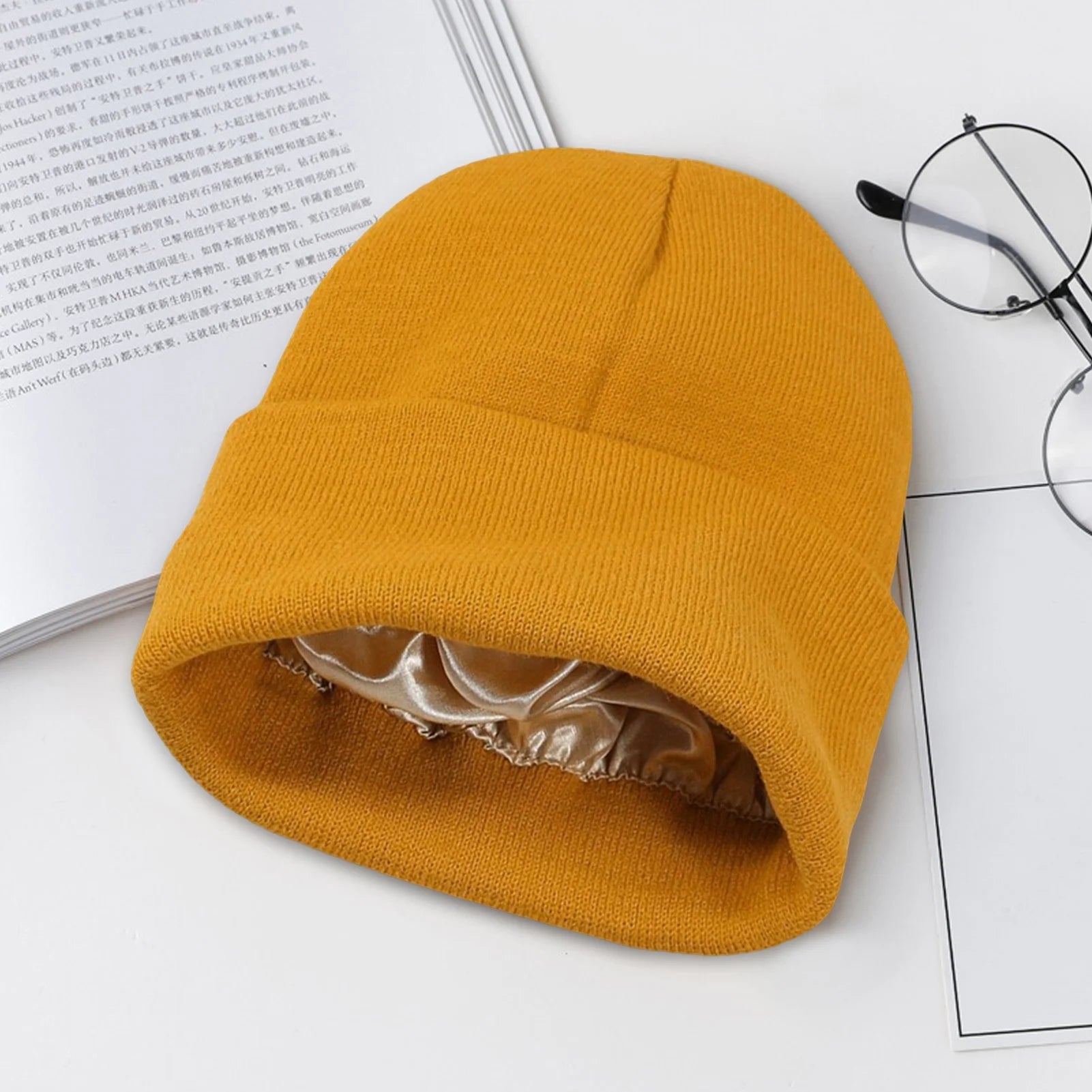 Winter Men Women Thermal Hat Solid Satin Lined Windproof Knitting Beanie Hat Warm Cap, White