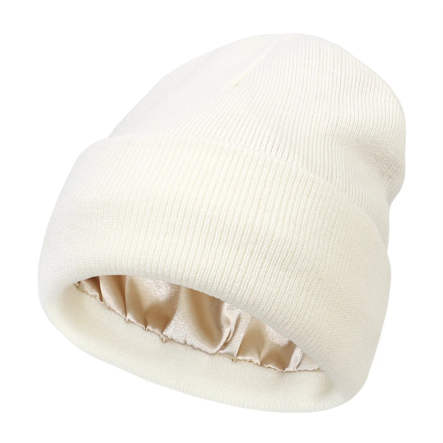 Winter Men Women Thermal Hat Solid Satin Lined Windproof Knitting Beanie Hat Warm Cap, White