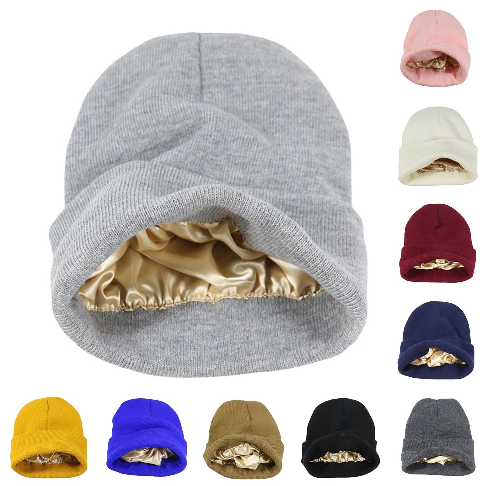 Winter Men Women Thermal Hat Solid Satin Lined Windproof Knitting Beanie Hat Warm Cap, White